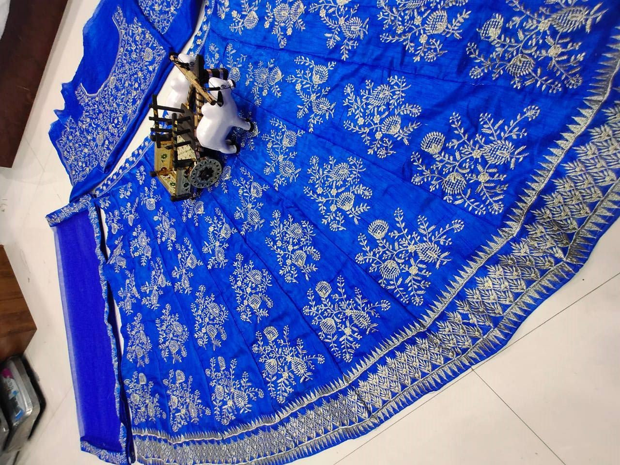 Royal Blue Satin Silk Embroidered Semi Stitched Lehenga Choli