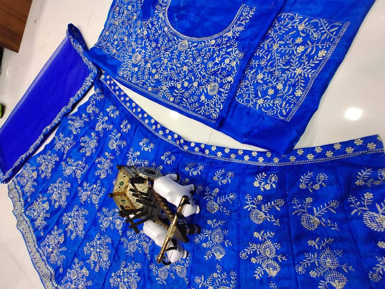 Royal Blue Satin Silk Embroidered Semi Stitched Lehenga Choli