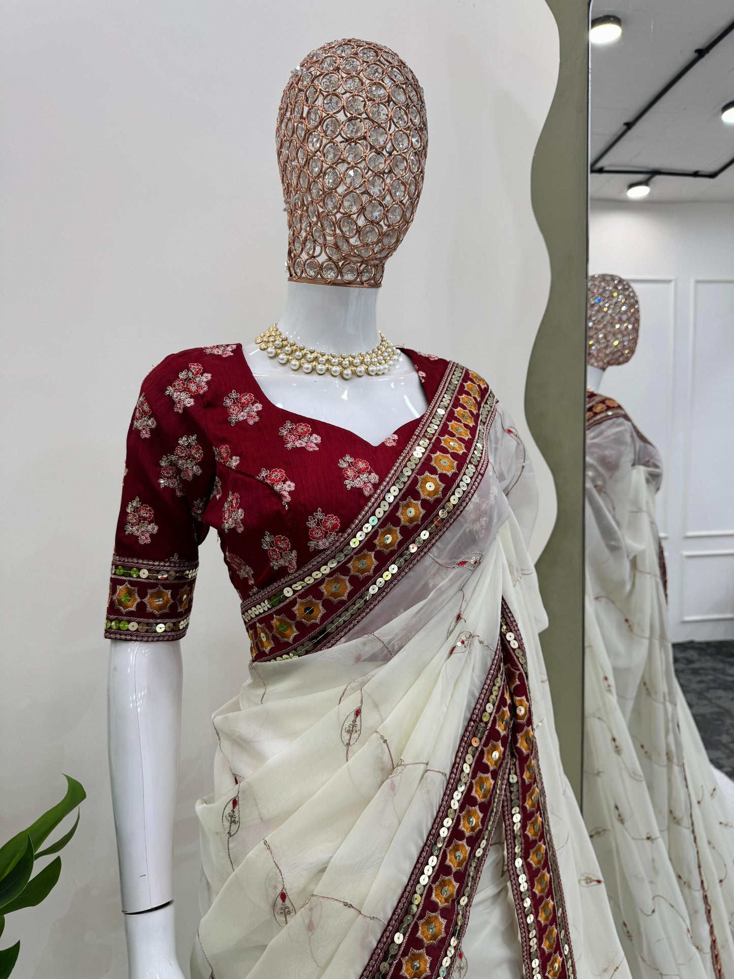 Party Wear White Silk Sequence