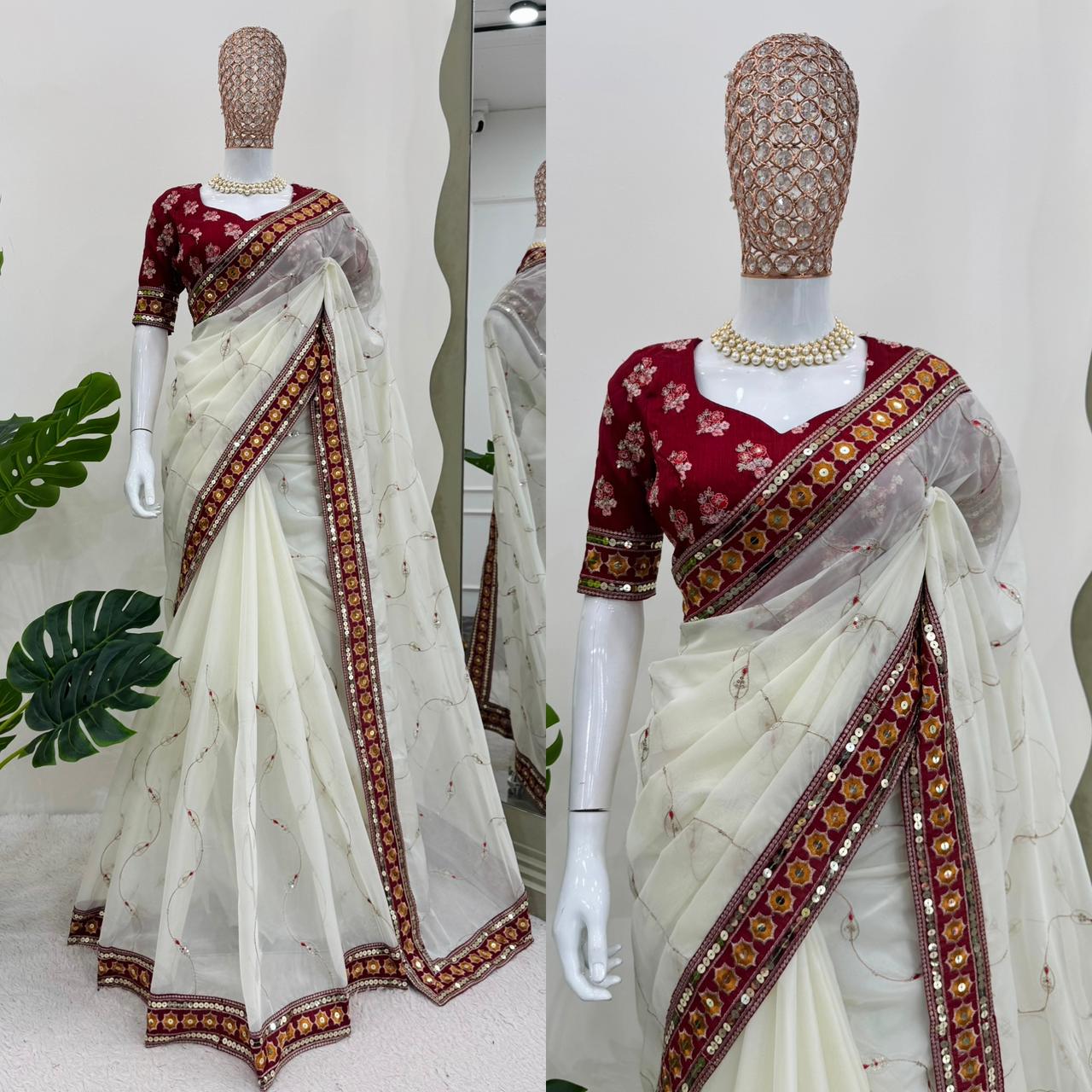 Party Wear White Silk Sequence