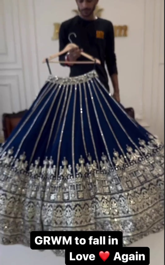 Navy Blue Georgette Sequins Heavy Embroidered Work Lehenga Choli