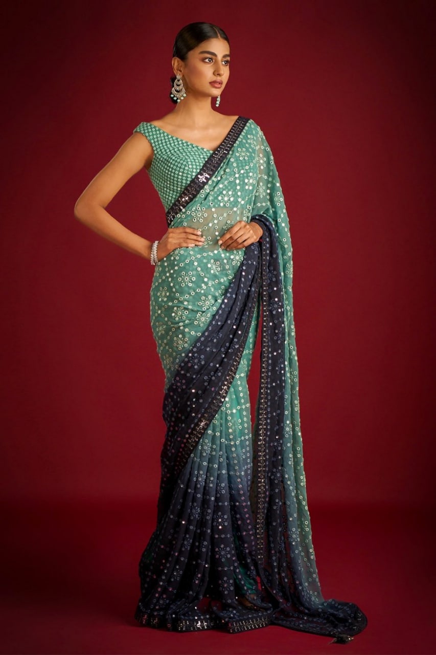 Wedding Wear Georgette Shaded Sequence n Embroidered Heavy Designer Sari