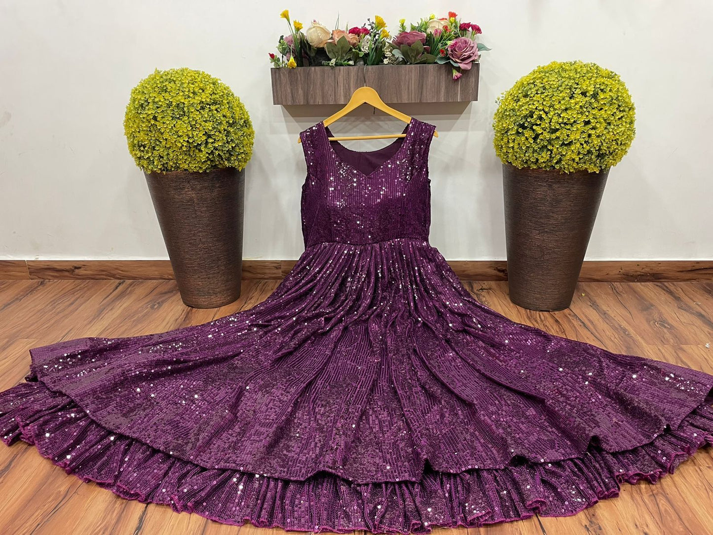 Function Wear Wine Color Georgette Sequence Work Gown