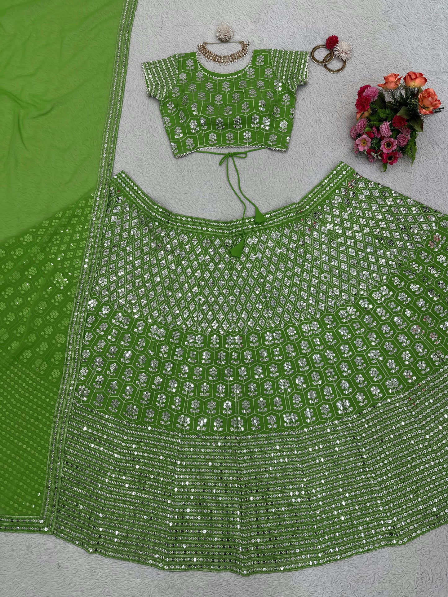 Green Color Georgette Heavy Sequence Work Lehenga Choli