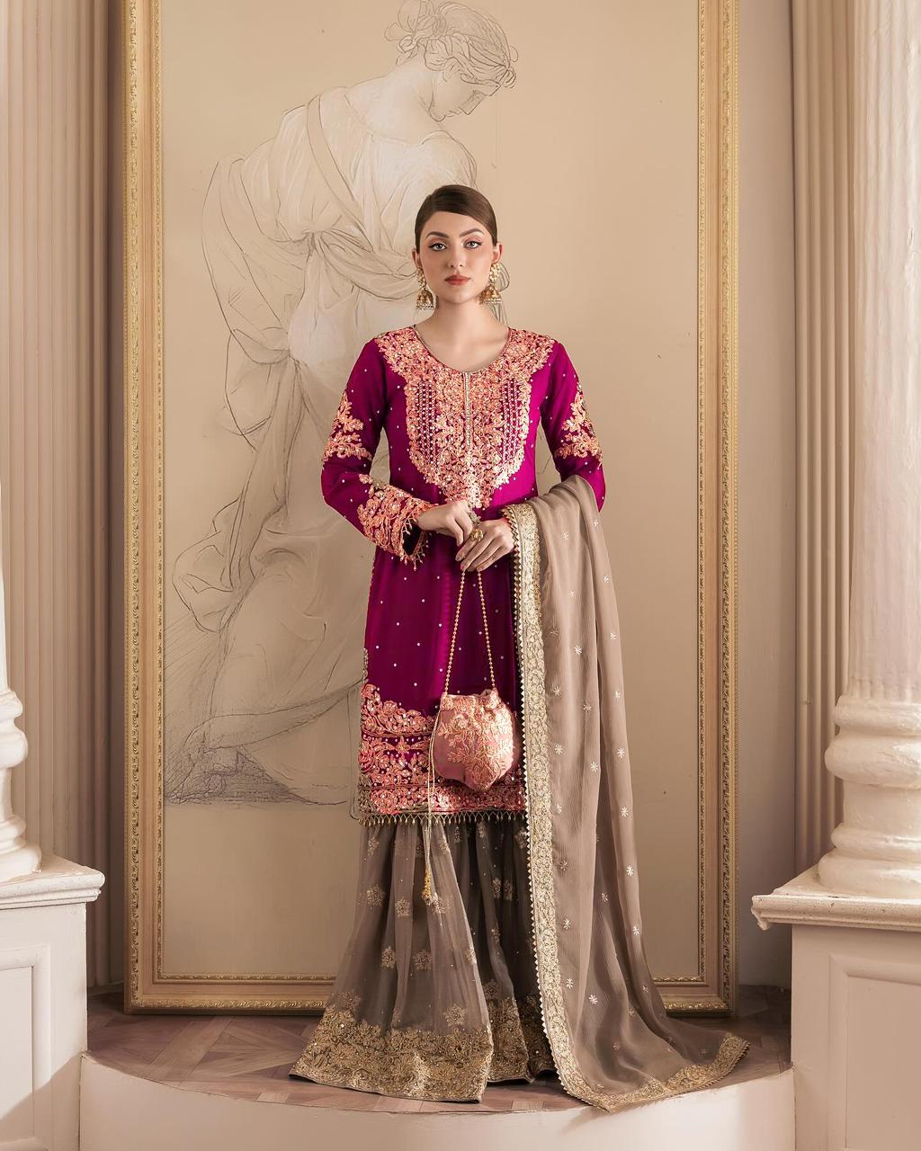 Faux Georgette Maroon Colour Heavy Embroidary And Sequence Worked Wedding Wear Sharara Suit Collection