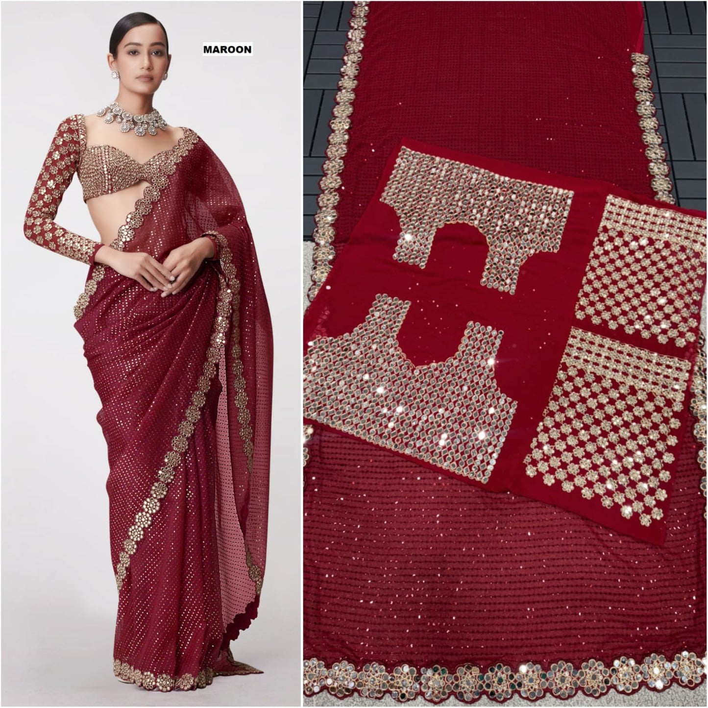 Onion Real Mirror Work Wedding Wear Saree