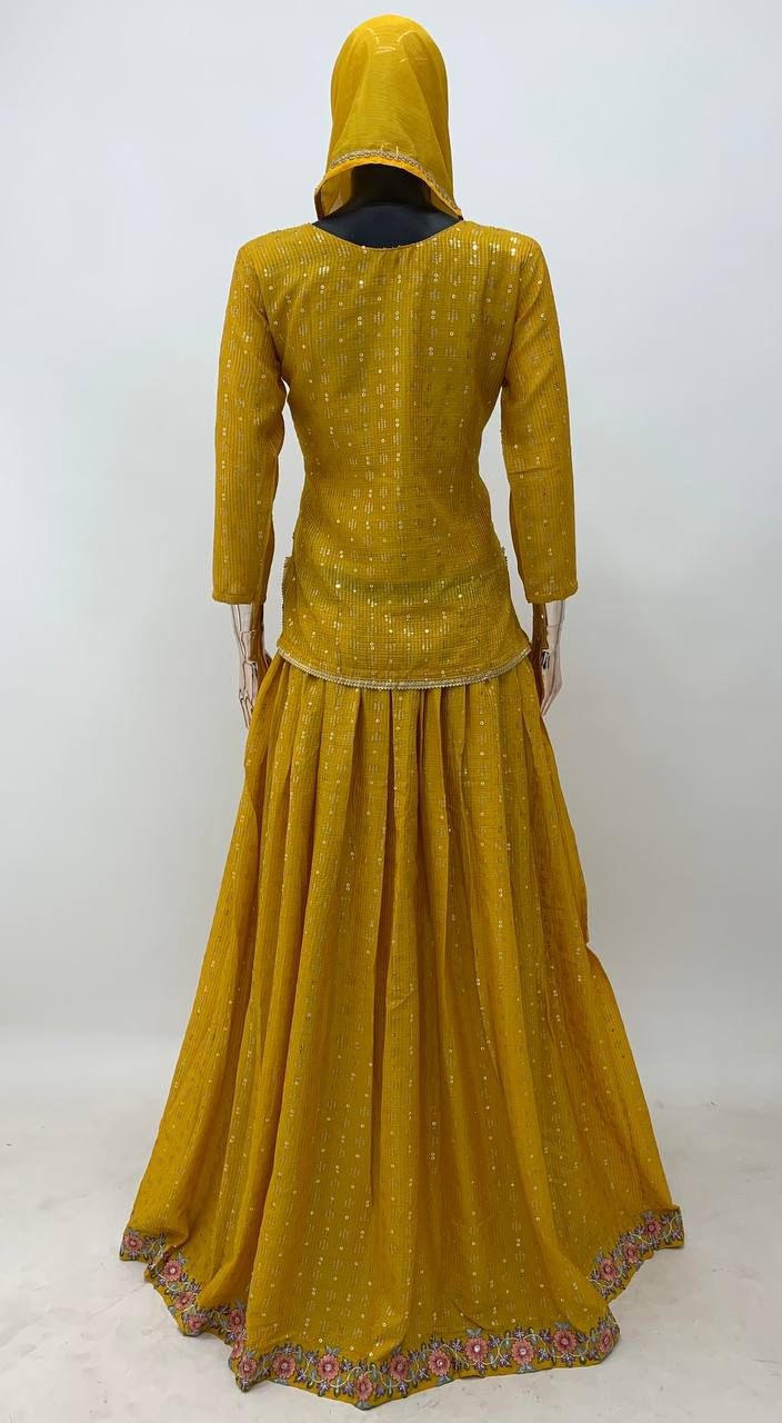 Haldi Function Wear Yellow Colour Chinon Fabric Embroidery Work Fully Stitched Suit