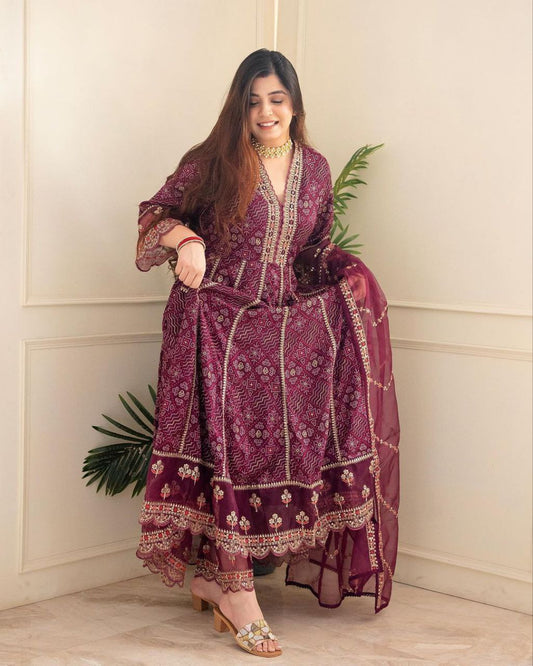 Party Wear Maroon Cotton Foil Print Machine Work Anarkali Gown Frock_Full Stitched