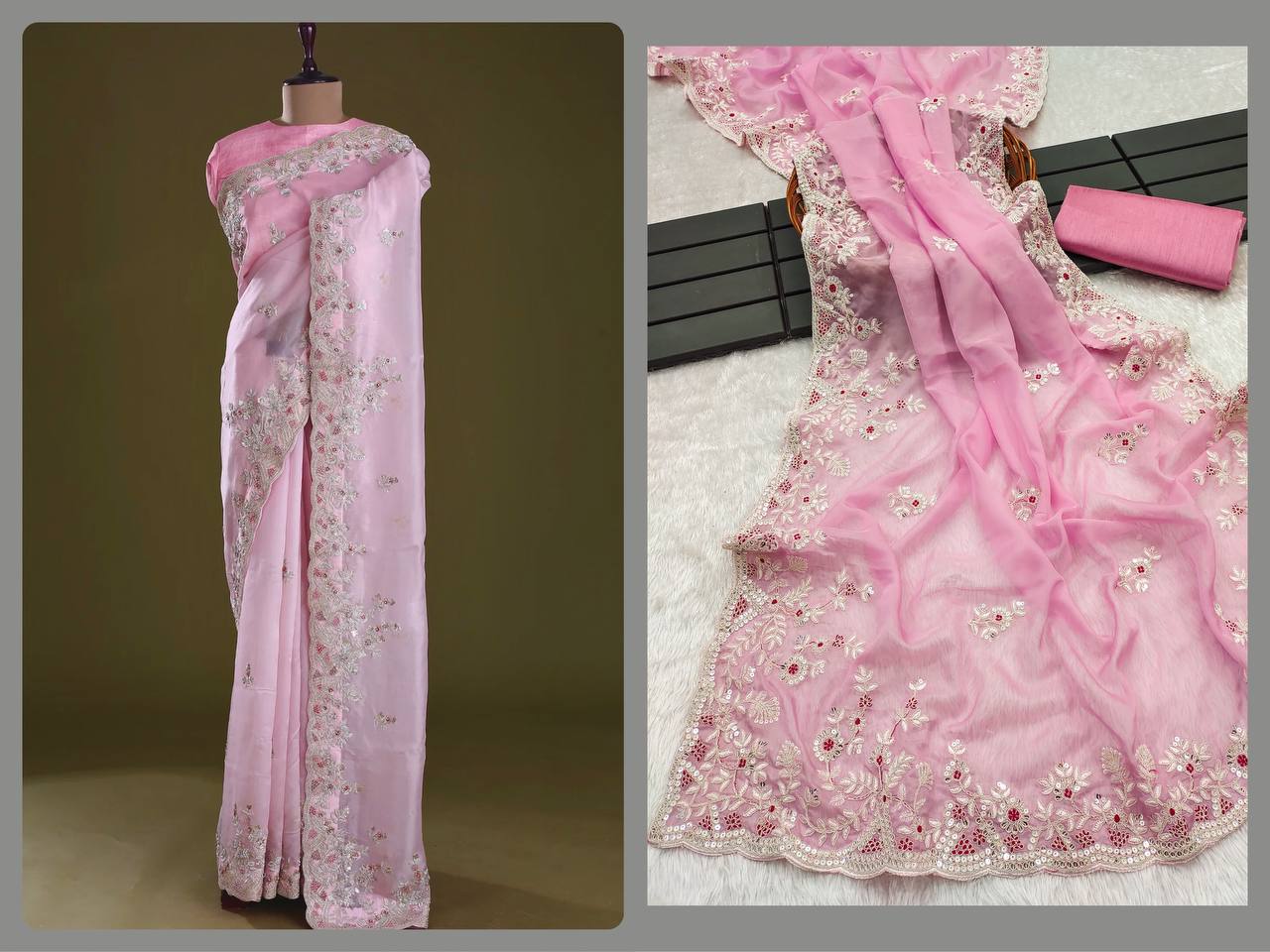 Baby Pink Tuby Oraganza Silk Fancy Border Work Saree