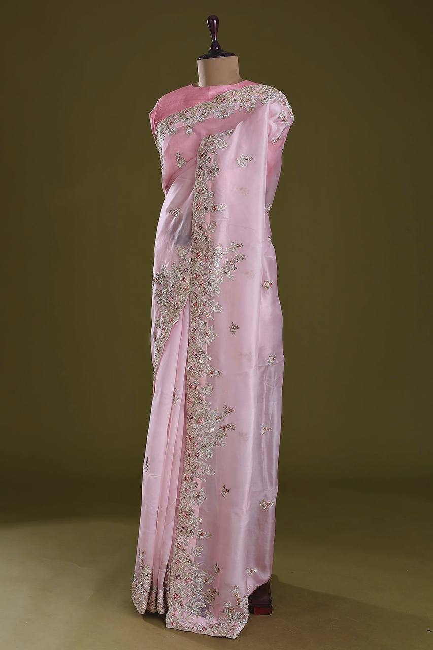 Baby Pink Tuby Oraganza Silk Fancy Border Work Saree