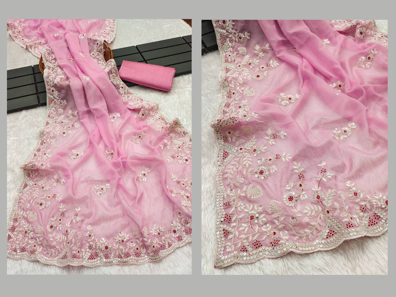 Baby Pink Tuby Oraganza Silk Fancy Border Work Saree