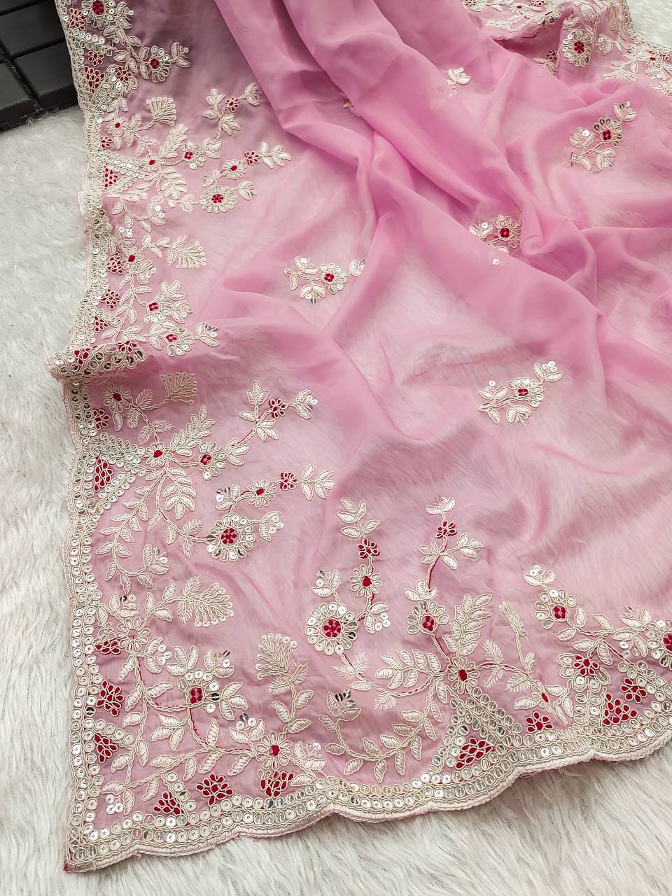 Baby Pink Tuby Oraganza Silk Fancy Border Work Saree