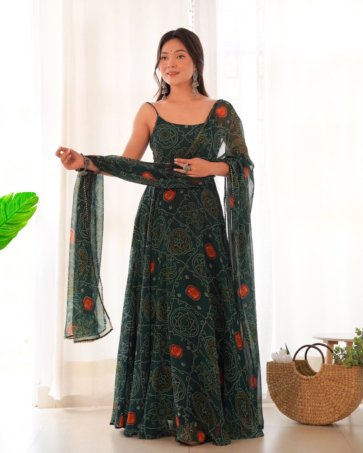 Dark Green Pure Chiffon Bandhej Work Fully Stitched Gown