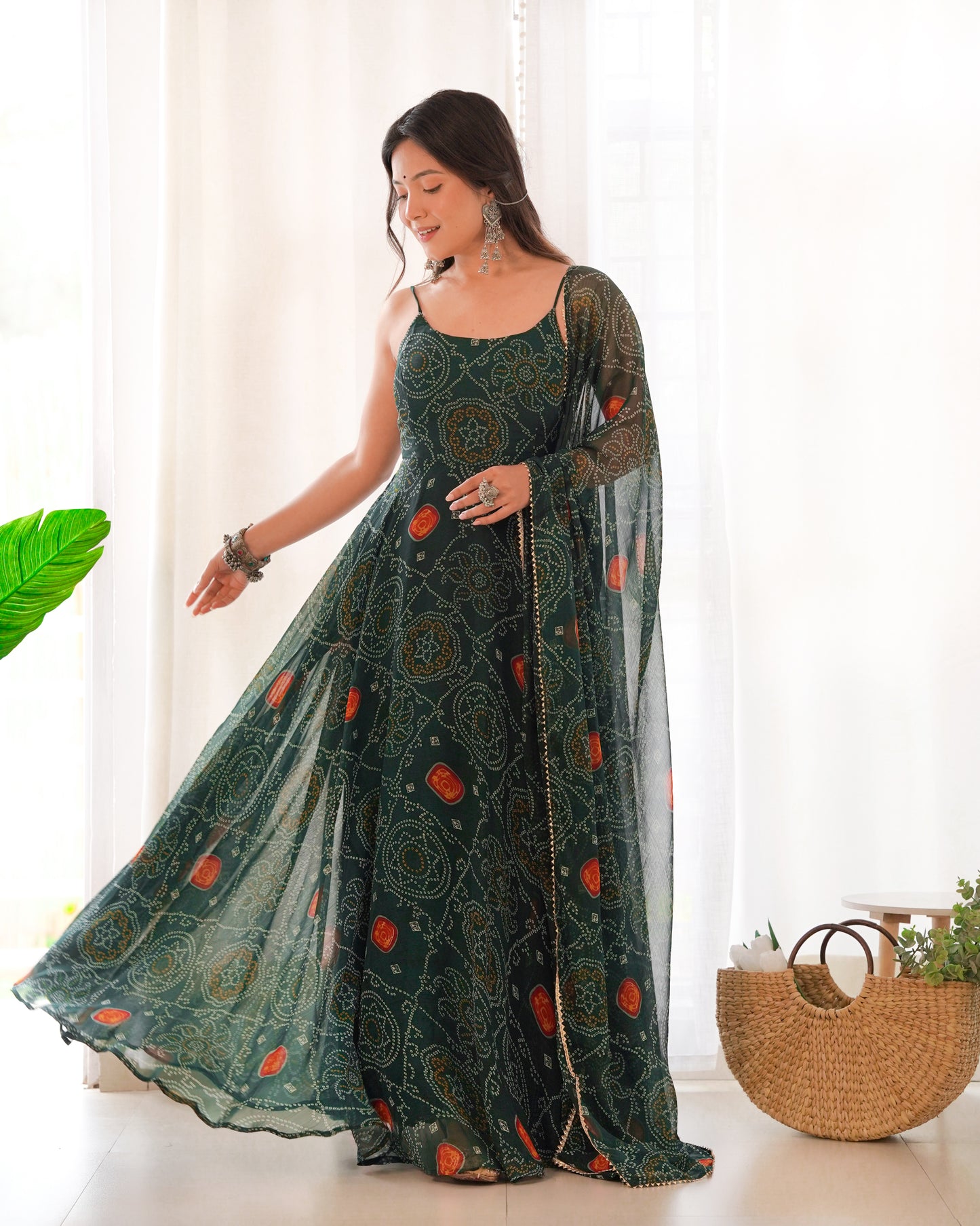 Dark Green Pure Chiffon Bandhej Work Fully Stitched Gown