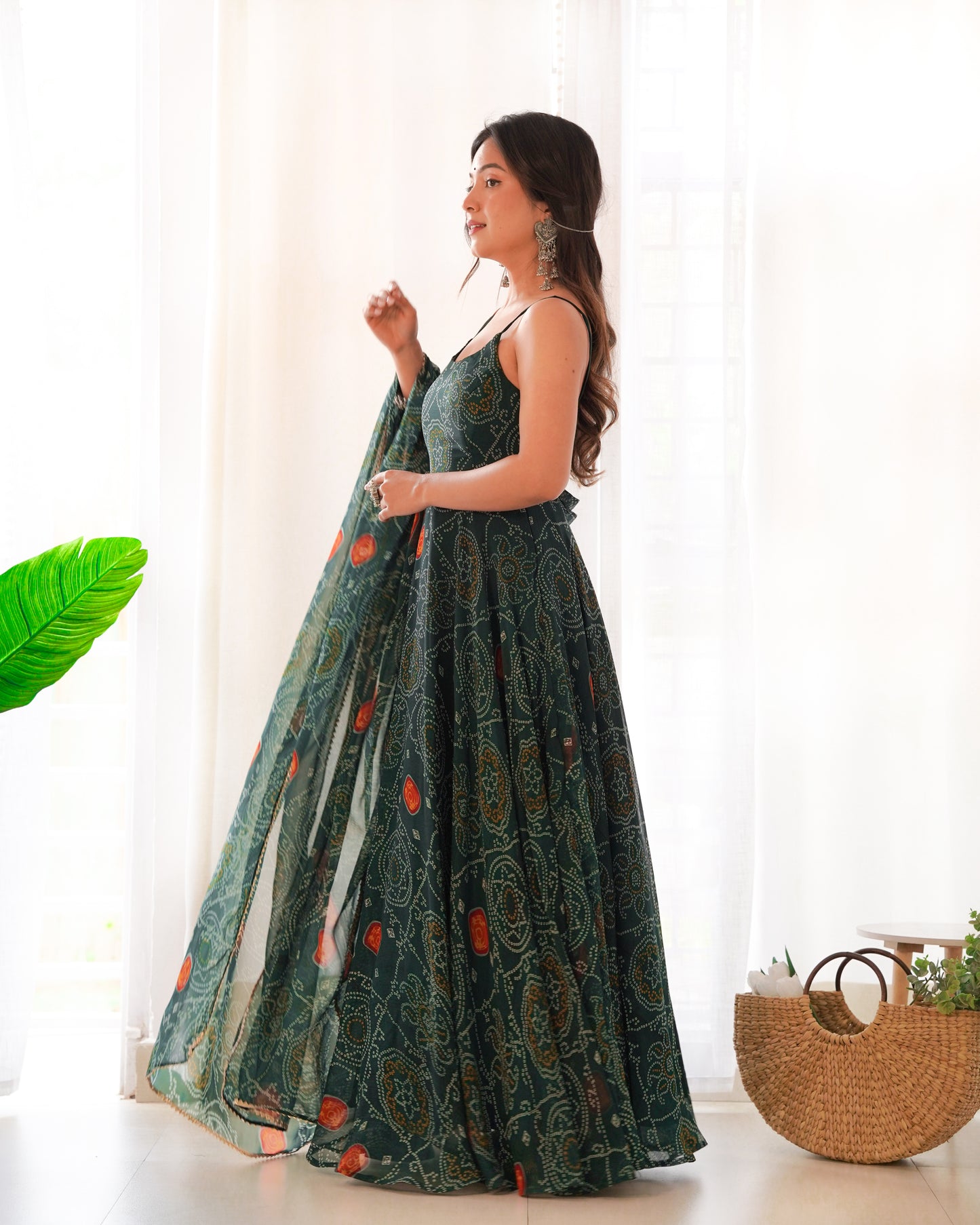 Dark Green Pure Chiffon Bandhej Work Fully Stitched Gown