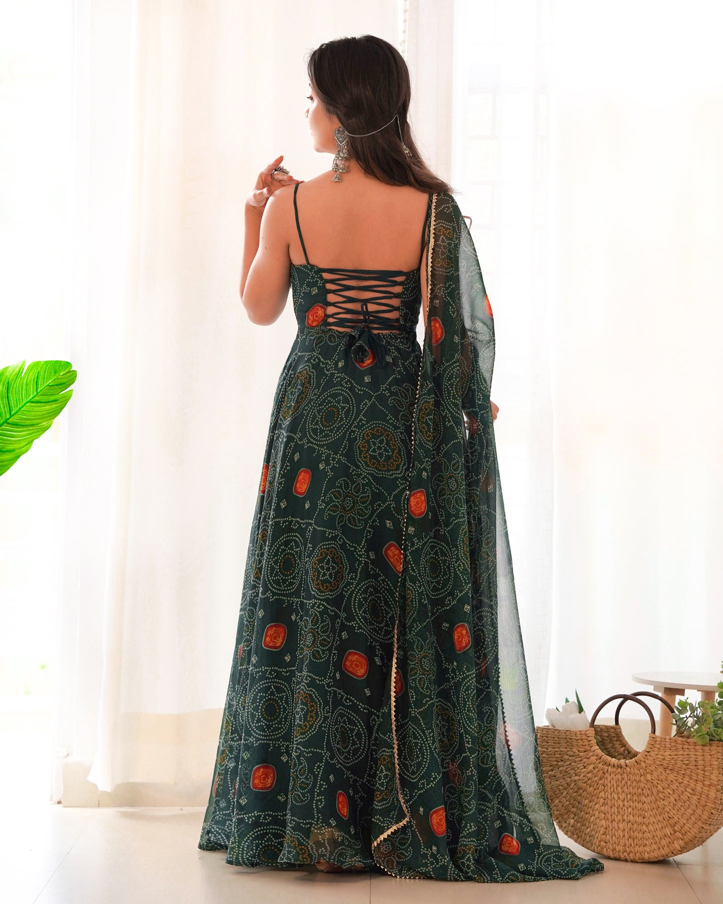 Dark Green Pure Chiffon Bandhej Work Fully Stitched Gown