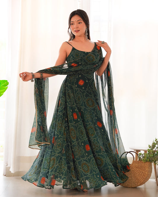 Dark Green Pure Chiffon Bandhej Work Fully Stitched Gown