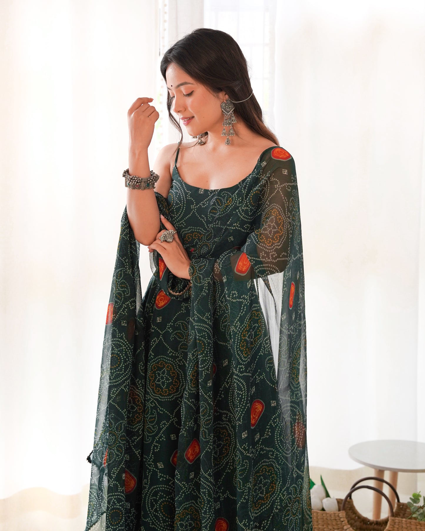 Dark Green Pure Chiffon Bandhej Work Fully Stitched Gown