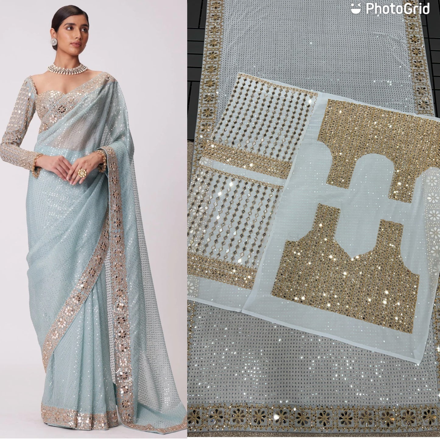 Sky Color Real Mirror Work Heavy Georgette Designer Saree