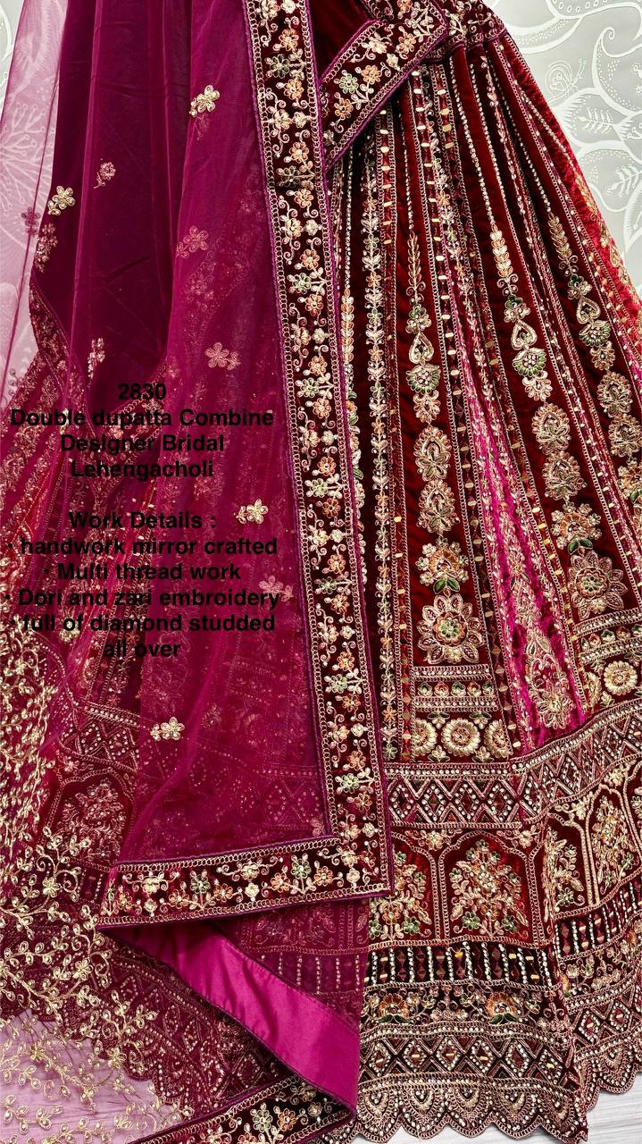 Wine Color Velvet Handwork Multi Thread Work Lehenga Choli