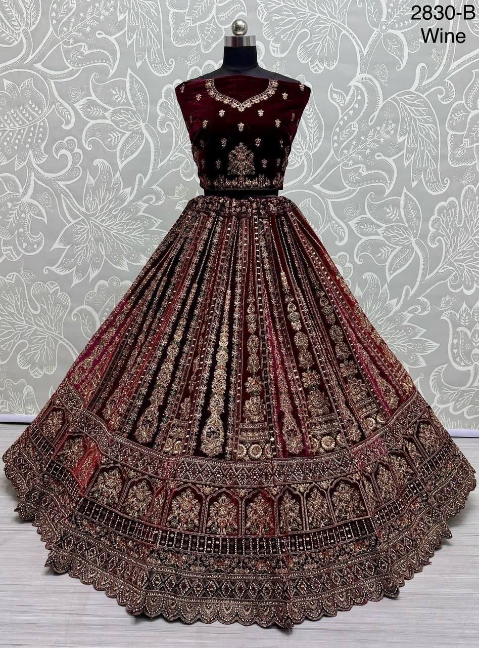 Wine Color Velvet Handwork Multi Thread Work Lehenga Choli