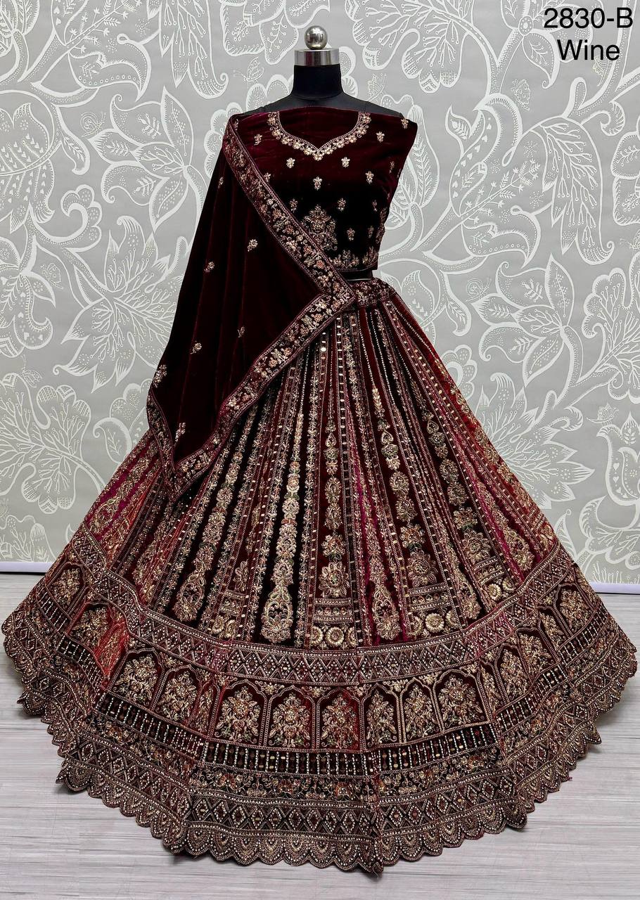 Wine Color Velvet Handwork Multi Thread Work Lehenga Choli