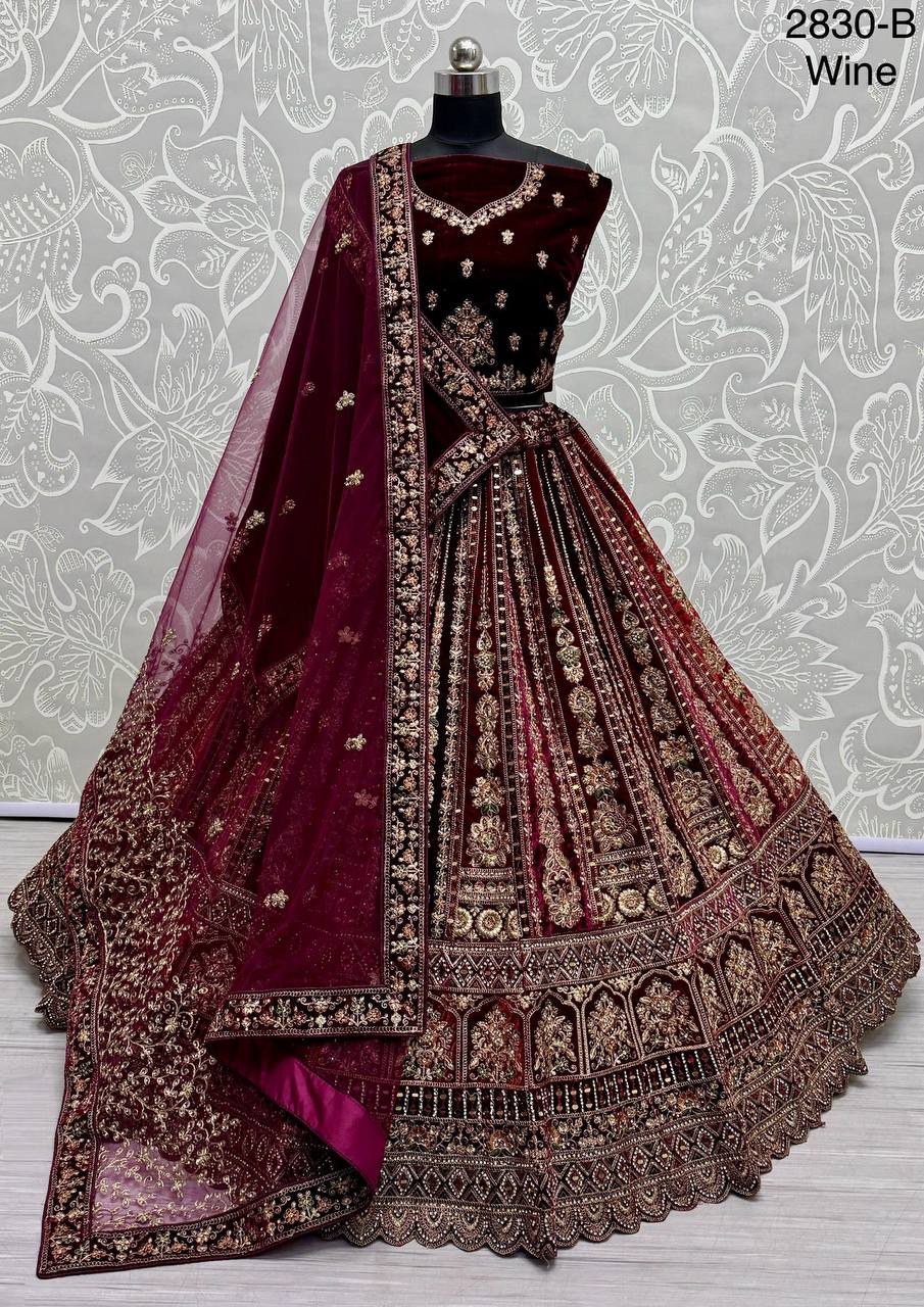 Wine Color Velvet Handwork Multi Thread Work Lehenga Choli