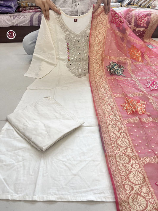 Designer Chanderi Silk Mirror Khatali Work Ethnic Suit Set