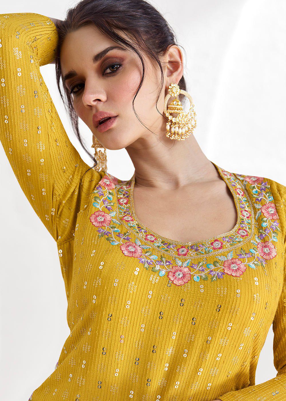 Haldi Function Wear Yellow Colour Chinon Fabric Embroidery Work Fully Stitched Suit