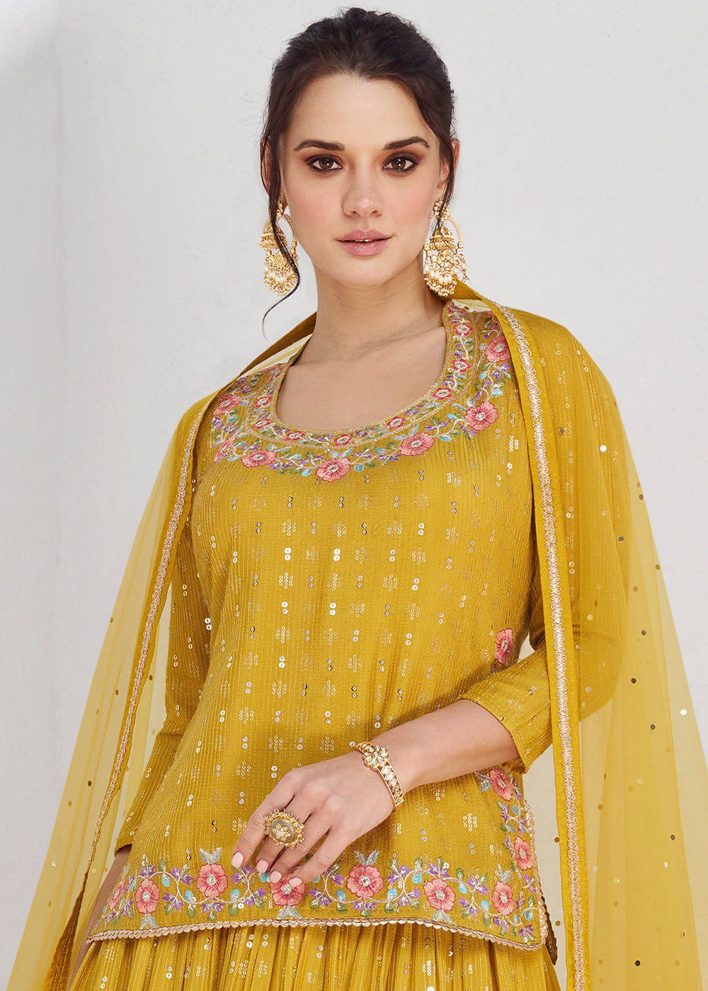 Haldi Function Wear Yellow Colour Chinon Fabric Embroidery Work Fully Stitched Suit