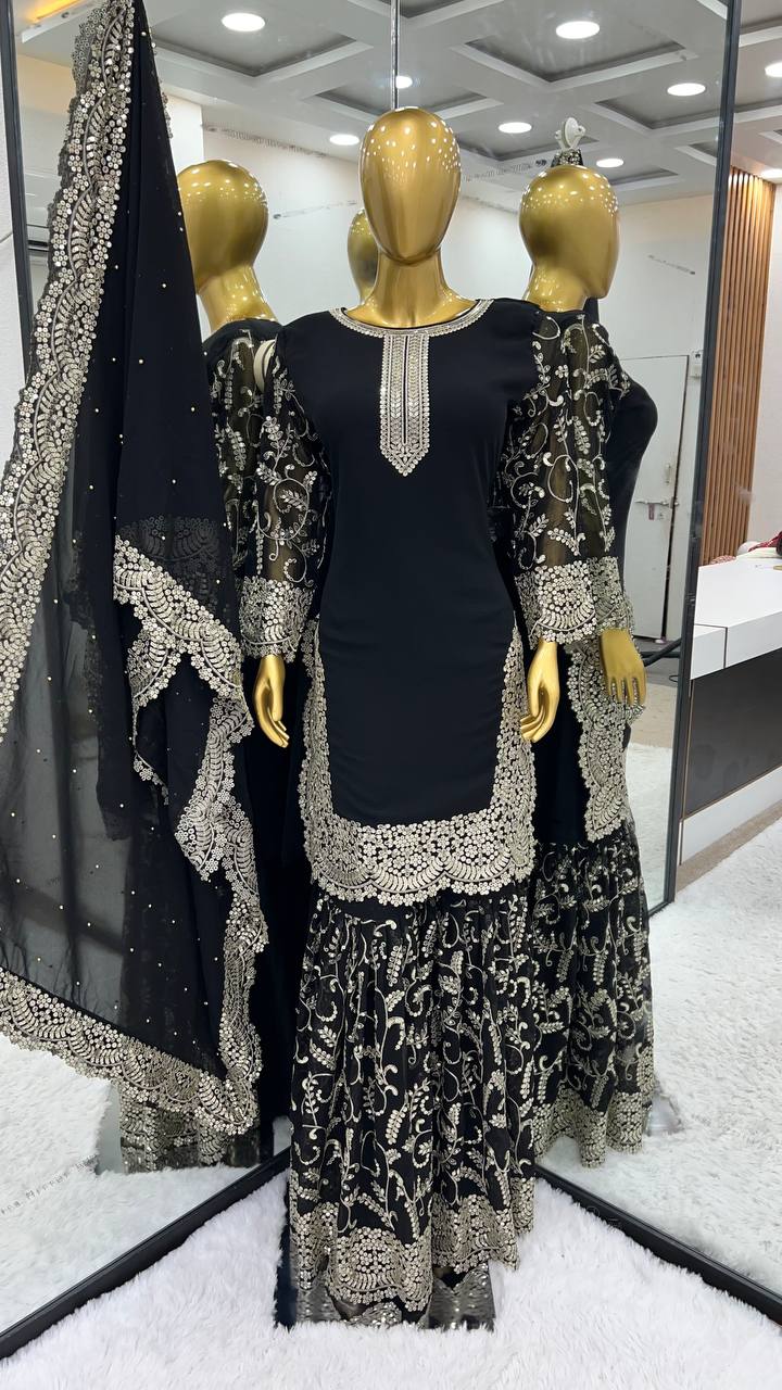 Readymade Embroidered Gharara Plazo Suit In Georgette Fabric