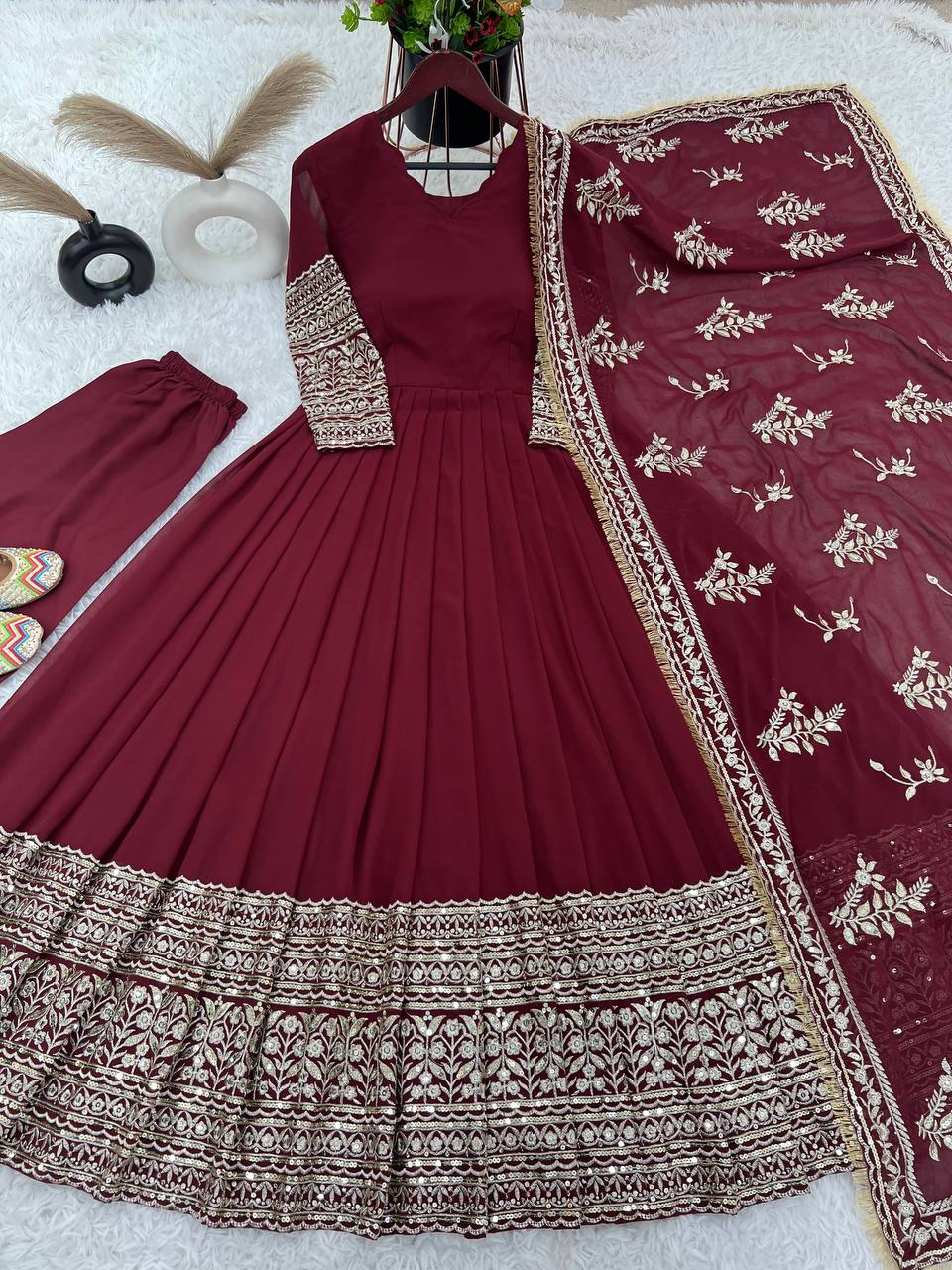 Maroon Color Georgette Heavy Long Stitched Gown