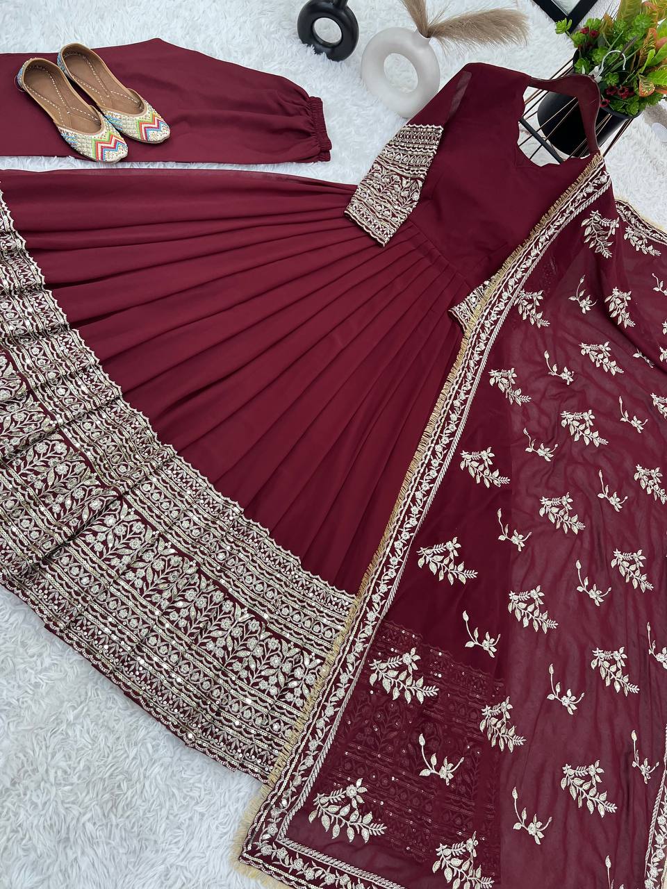 Maroon Color Georgette Heavy Long Stitched Gown