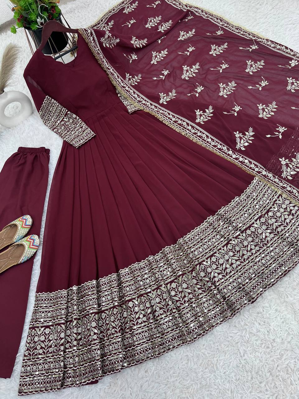 Maroon Color Georgette Heavy Long Stitched Gown