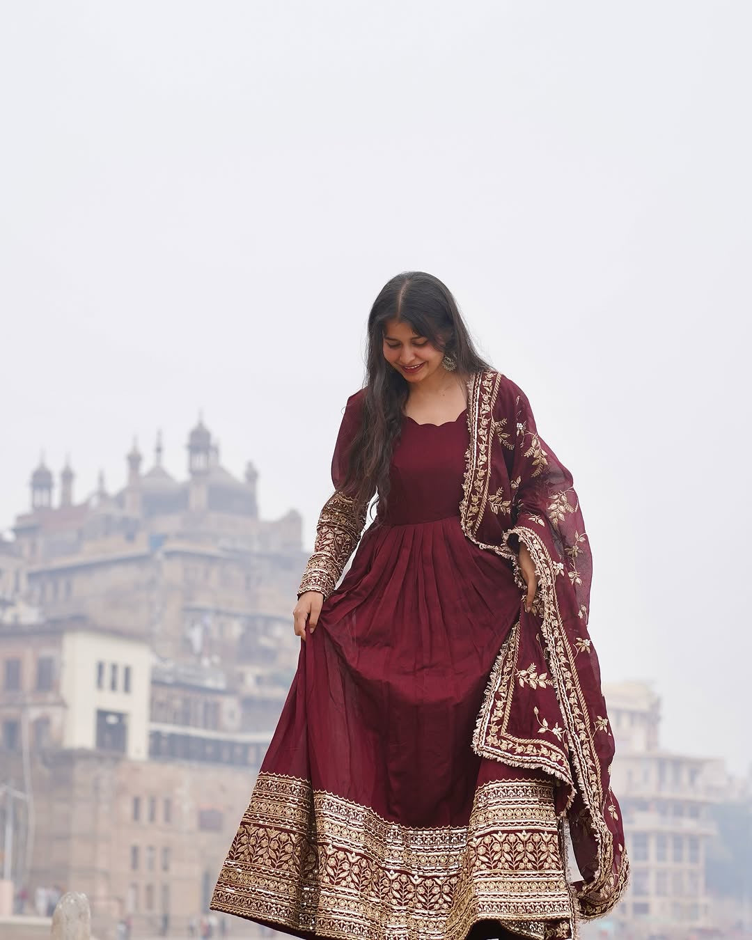 Maroon Color Georgette Heavy Long Stitched Gown