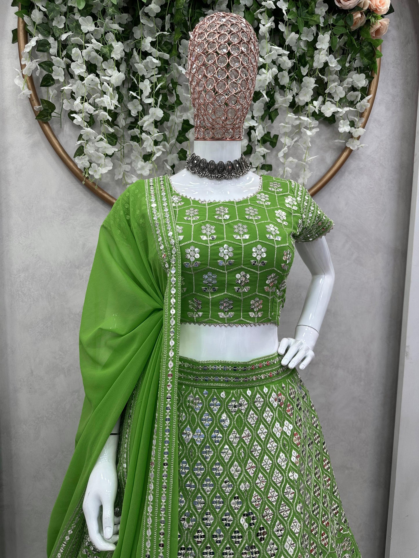 Green Color Georgette Heavy Sequence Work Lehenga Choli