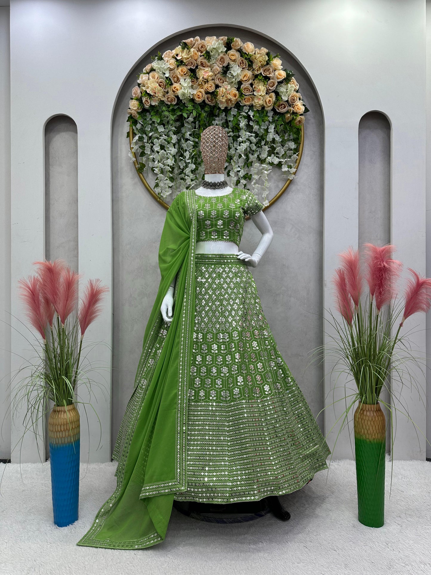 Green Color Georgette Heavy Sequence Work Lehenga Choli