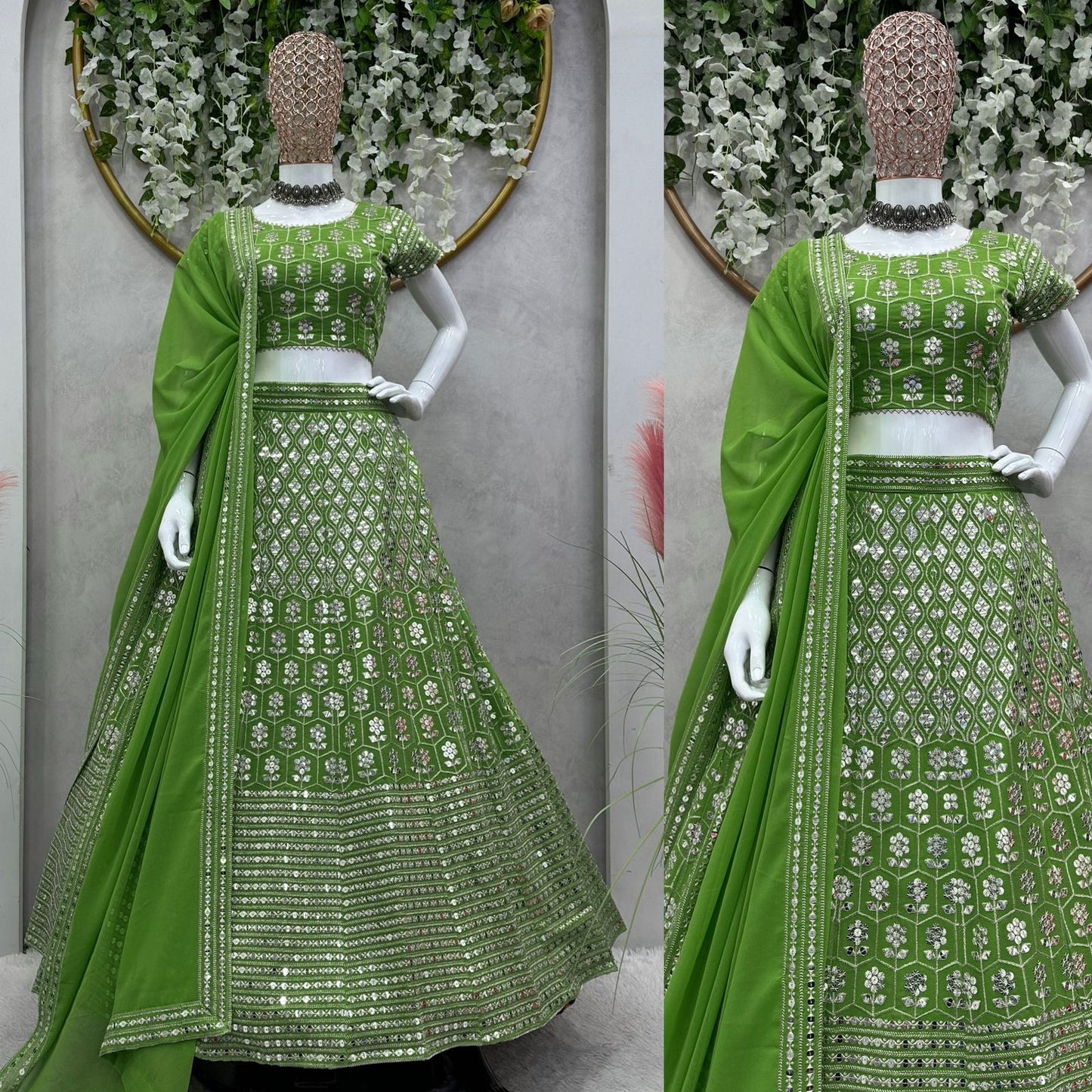 Green Color Georgette Heavy Sequence Work Lehenga Choli