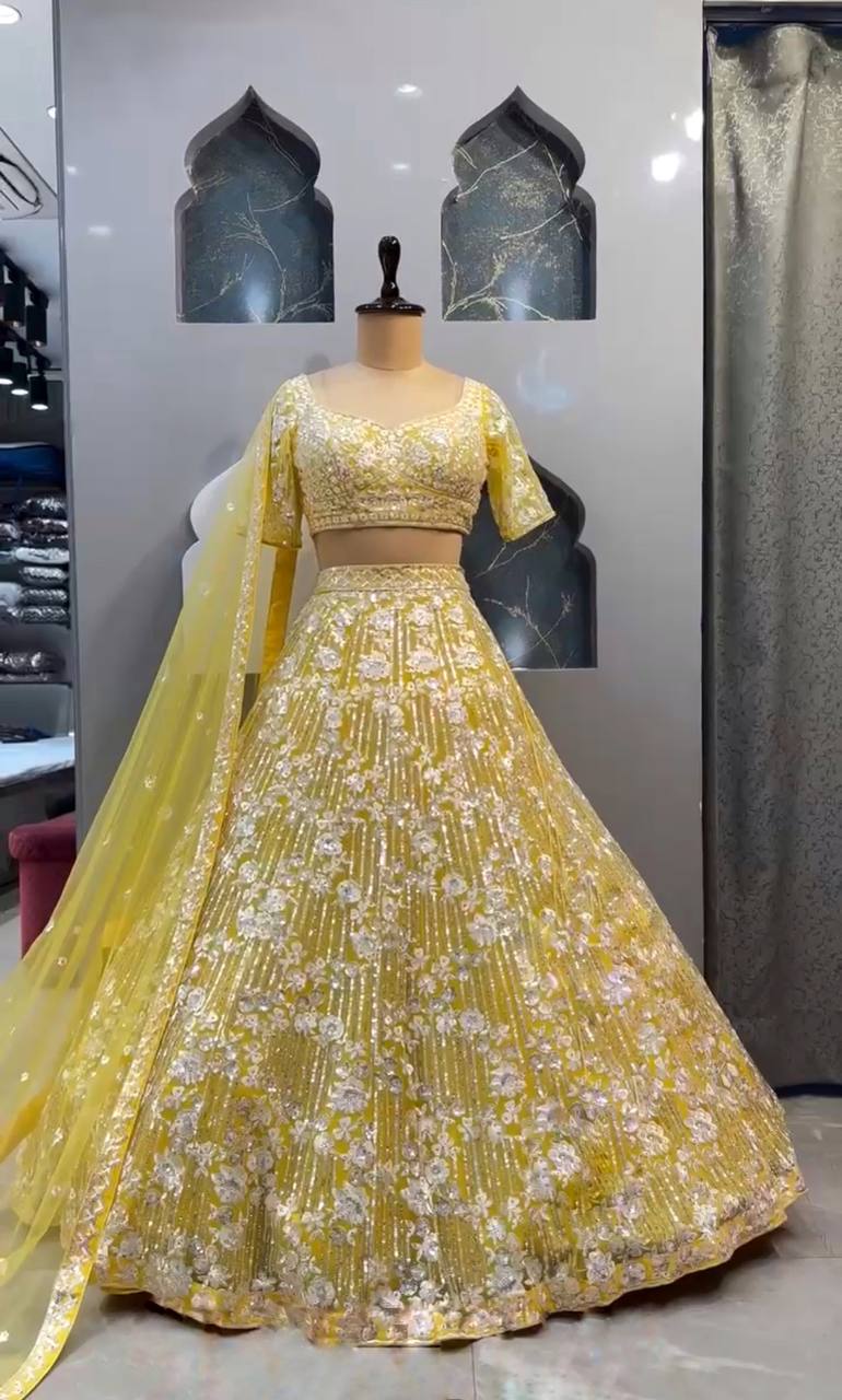 Yellow Butterfly Net Sequence Work Semi Stitched Lehenga