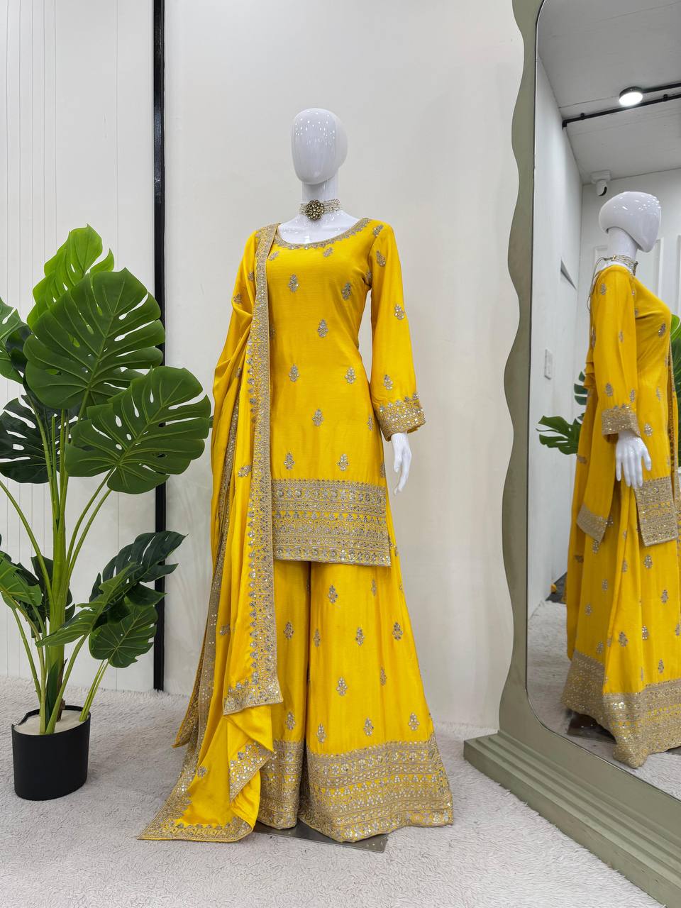 Haldi Function Wear Chinon Fabric Thread Work Fully Stitched Sharara Suit