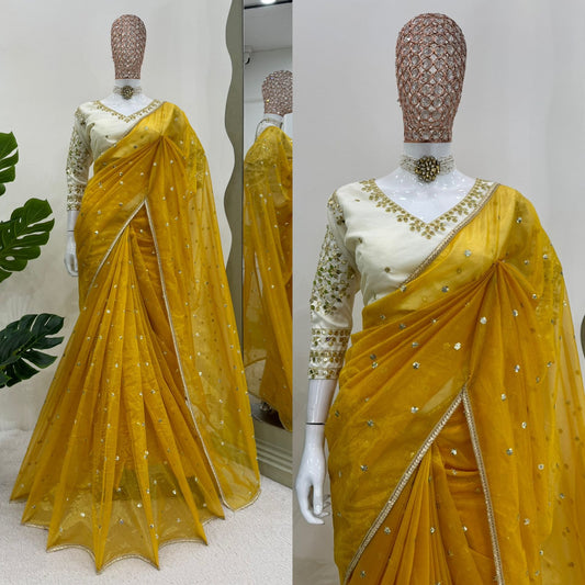 Haldi Wear Twill Net Saree With Stitched Heavy Thread Sequence Work Blouse