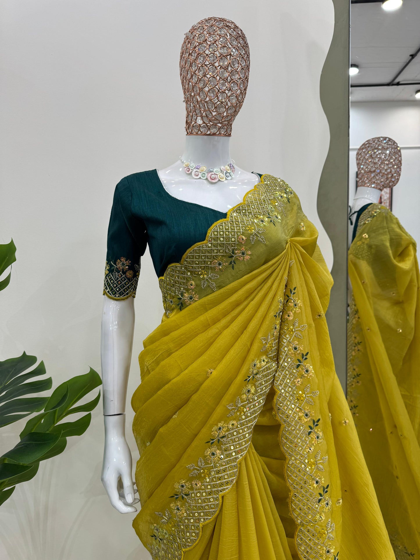 Mehndi Sangeet Function Wear Lime Yellow Silk Border Work Saree