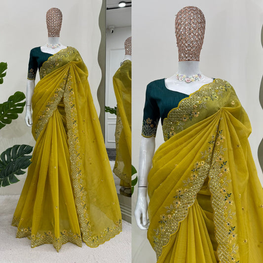 Mehndi Sangeet Function Wear Lime Yellow Silk Border Work Saree