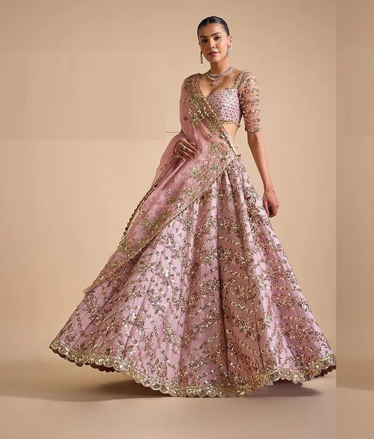 Beautiful Pink Colour Chinon Silk Fabric Multi Thread And Heavy Sequins Lehenga Choli