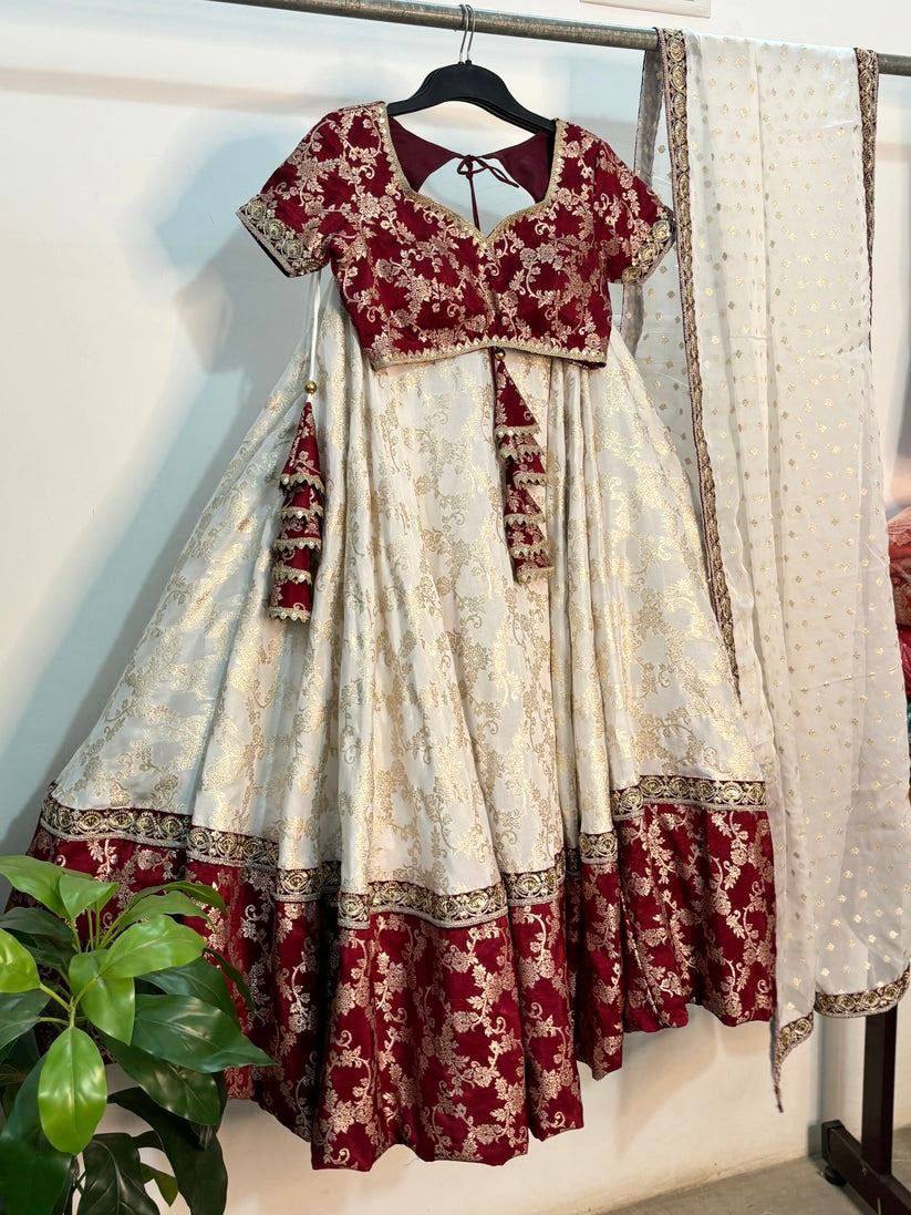 White Maroon Jacquard Silk Lehenga Choli