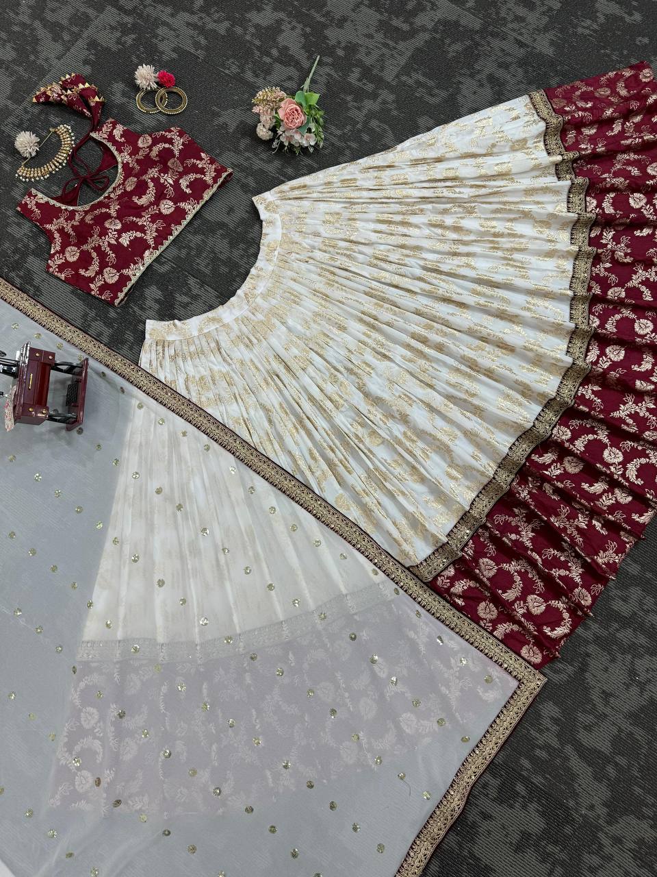 White Maroon Jacquard Silk Lehenga Choli