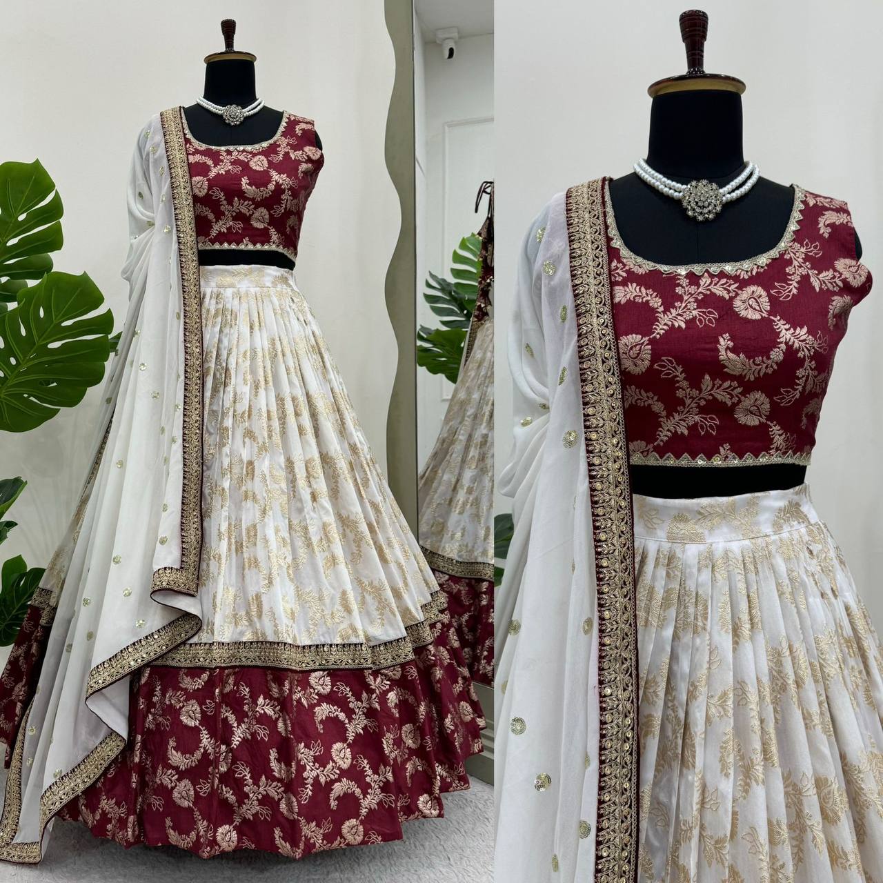 White Maroon Jacquard Silk Lehenga Choli