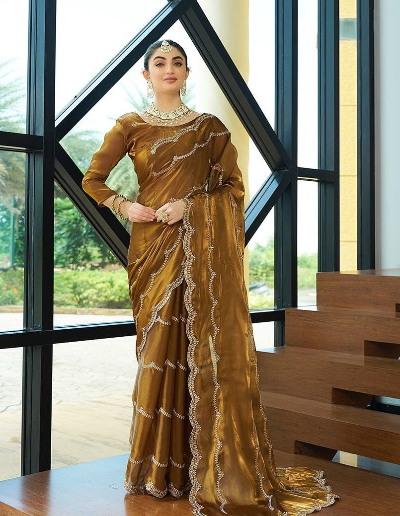 Brown Gold Color Jimmi Chu Silk Sequence Embroidered Work Saree