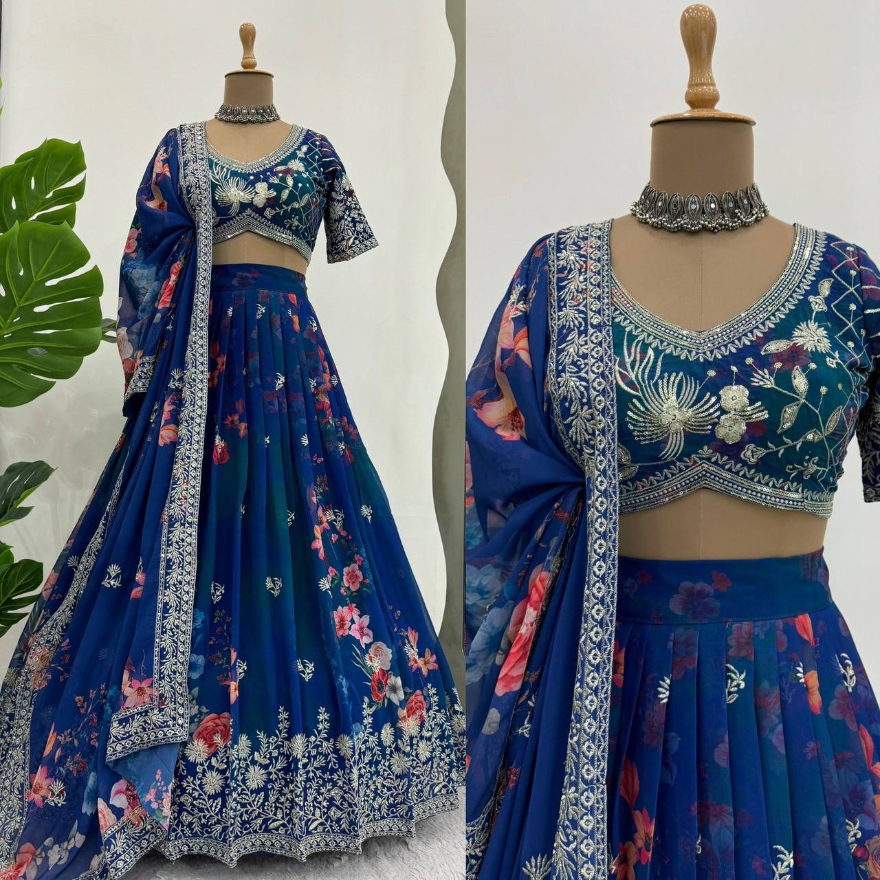 Wedding Wear Blue Color Georgette Print & Sequence Work Lehenga Choli