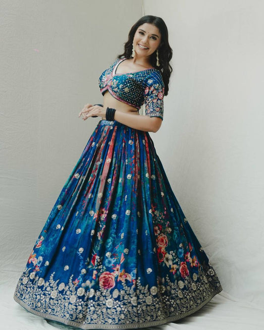 Wedding Wear Blue Color Georgette Print & Sequence Work Lehenga Choli